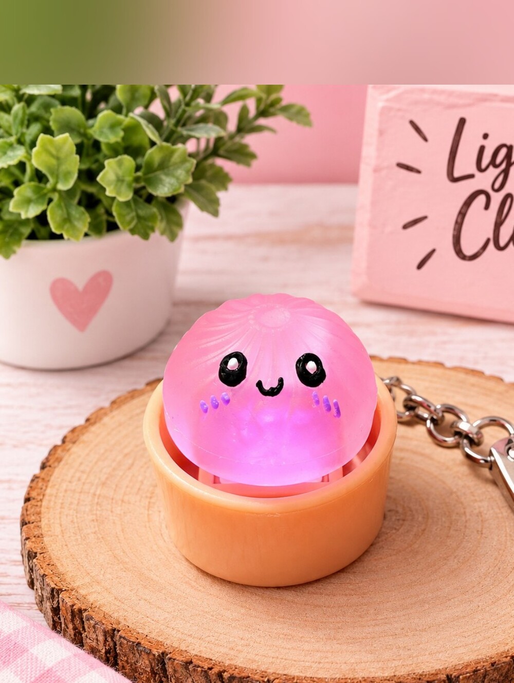 Cute Pink Light Up Dumpling Clicker Keychain